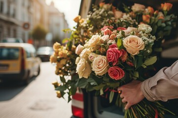 Flowers delivery concept. Man holding bouquets of roses and putting them in the delivery minibus - obrazy, fototapety, plakaty