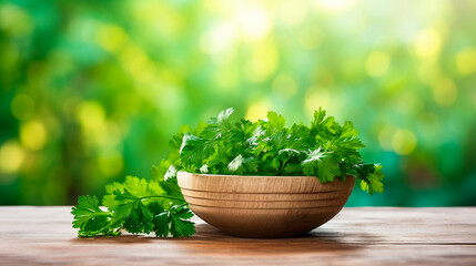 Cilantro in a bowl against the backdrop of the garden. Selective focus.
