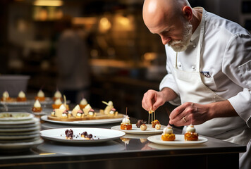 Close-up of chef finishing a small collection of desserts on the plate in the kitchen