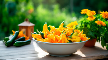 Zucchini flowers in a bowl in the garden. Selective focus.