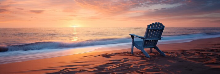 A solitary beach chair facing the ocean at sunrise, inviting relaxation and contemplation - obrazy, fototapety, plakaty