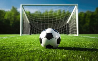 Soccer ball on the grass near a goalie net on a sunny day, depicts a vibrant soccer scene, perfect for sports-related designs, promotional material, or illustrating outdoor activities in sunny weathe