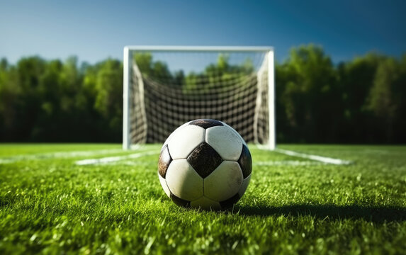 Soccer ball on the grass near a goalie net on a sunny day, depicts a vibrant soccer scene, perfect for sports-related designs, promotional material, or illustrating outdoor activities in sunny weathe