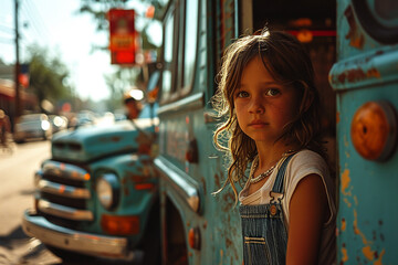 Fototapeta na wymiar Little girl next to ice cream truck on the street, USA