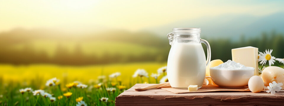 A jug of milk against the background of a field. Selective focus.