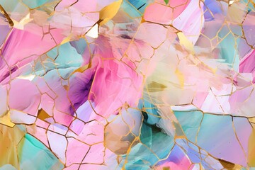  an abstract painting of pink, blue, yellow, and green leaves with gold foiling on the edges of the image.