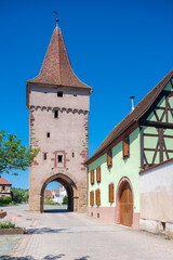Fototapeta na wymiar Historisches Stadttor Porte du Lion in Rosheim. Departement Bas-Rhin in der Region Elsass in Frankreich