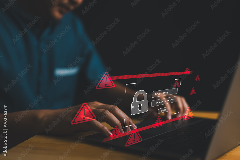 Aufkleber Cyberattack computer network, System warning hacked alert, Cybersecurity vulnerability, data breach, compromised information. Malicious software, virus cybercrime. Notification error maintenance.