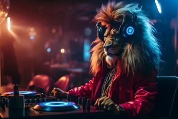 lion DJ with mixer in a night club, Generative AI