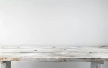 Empty wooden white table over white wall background,Front view of minimal desk  over white  wall.  copy space for product display montage.