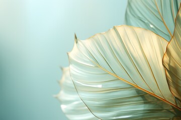  a close up of a large leaf on a blue and green background with a blurry sky in the background.