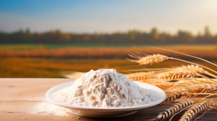 Flour and ears of wheat against the background of a wheat field. Selective focus.