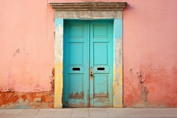 Fototapeta na wymiar a blue door sits in front of a pink wall with peeling paint on the outside of the door and on the inside of the door.