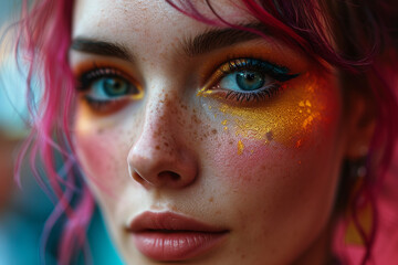 stylish lady in bright clothes with vibrant make up on pink backround