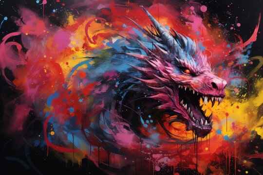  a painting of a dragon with colorful paint splatters on it's face and mouth, on a black background.