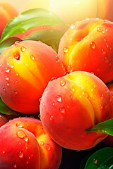 There are a lot of wet peaches. Selective focus.