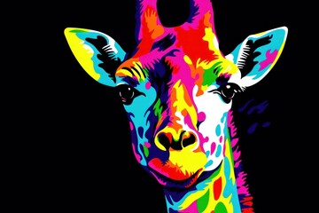  a close up of a giraffe's face with multicolored paint splattered on it.