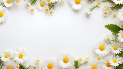 frame of daisies top view, flat lay, spring background, place for text