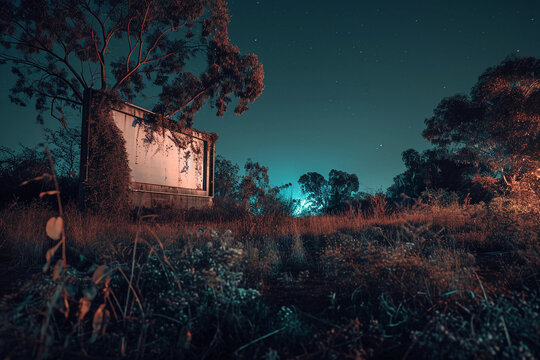 Abandoned drive-in theater, overgrown with nature, decaying screen, eerie, full moon night