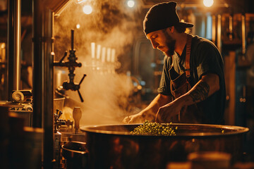 Brewing in action, boiling kettle with hops, steam rising, focused brewmaster in the background checking gauges