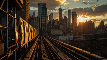 Elevated train, urban skyline, sunset reflecting on skyscraper windows, dramatic shadows