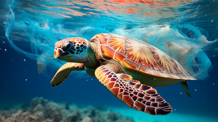 The turtle fell into the sea in a net. Selective focus.