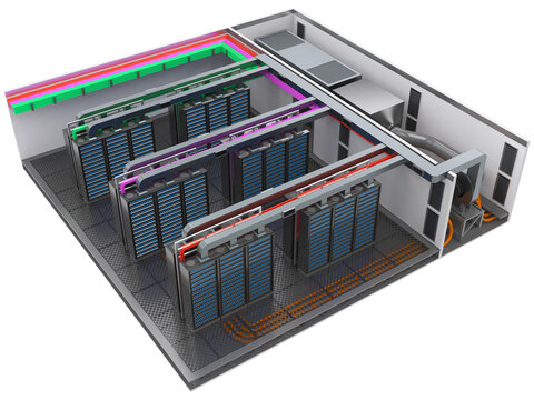Data center floor, server room with rows of server racks. 3d illustration isolated on white