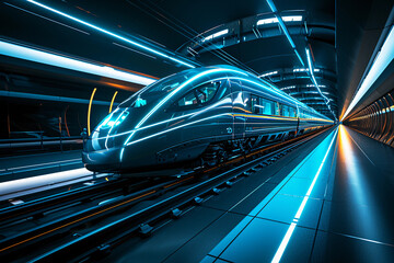 train, future concept, levitating above a metallic track, neon-blue energy lines, dark environment