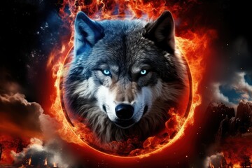  a wolf with blue eyes standing in front of a fire filled sky with a full moon in the middle of it.