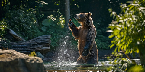 grizzly bear standing on hind legs, catching a fish from the pond - obrazy, fototapety, plakaty