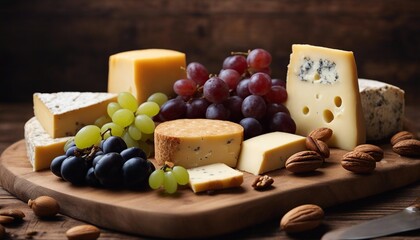 Gourmet Cheese Platter with Assorted Cheeses, Fresh Grapes, and Nuts
