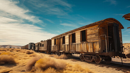Old wooden train carriages, western frontier style, set in a barren desert, golden sand, blue sky, tumbleweeds