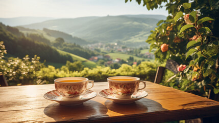 Teacups set on table in the morning with natural view