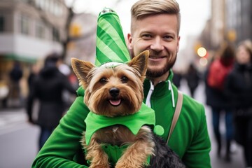 A man holding a small dog wearing a green hat, St Patricks's day celebration in green costumes