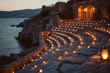 Open-air amphitheater at dusk, stone-built, ancient Greek style, audience seats filled with glowing...