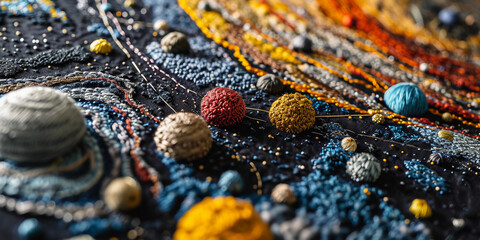 embroidery art, depicting a galaxy, planets and stars, intricate thread work