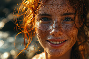 closeup portrait of smiling redhead girl with freckles in summer