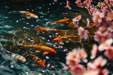 koi pond, sparkling water, cherry blossom petals floating, extremely detailed