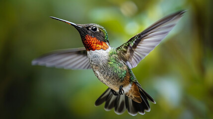 Fototapeta premium hummingbird mid-flight, iridescent feathers, flower nectar