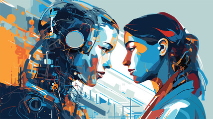 futuristic vector art piece, capturing the synergy between factory workers and advanced robotic systems. 