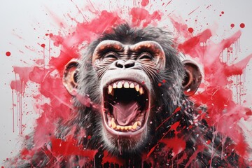  a monkey with its mouth open and it's mouth wide open with blood splatters all over it.