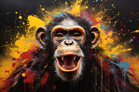  a painting of a monkey with paint splatters all over it's face and mouth, with its mouth open and mouth wide open.