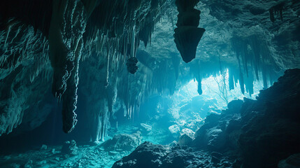 scuba diving in an underwater cave, stalactites hanging from the ceiling, luminescent glow worms...