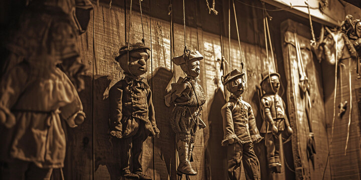Rustic puppet theater, vintage, marionettes hanging, worn textures, magical atmosphere