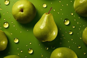  a group of green pears sitting on top of a green surface with drops of water on the pears.
