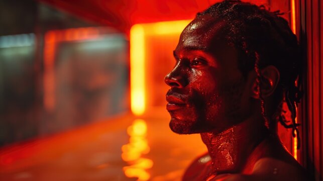 biohacker using an infrared sauna, focus on the ambient red glow and sweat on the skin