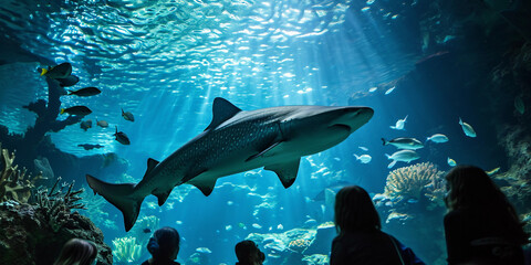 large shark, surrounded by smaller fish, coral reef in background, spectator's reflections on the glass