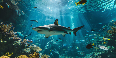 Obraz premium large shark, surrounded by smaller fish, coral reef in background, spectator's reflections on the glass