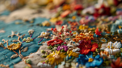 embroidery, world map, each country filled with its native flower - obrazy, fototapety, plakaty