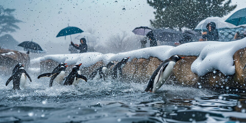 penguin enclosure, icy setting, penguins diving into the water, water droplets in motion, spectators with umbrellas